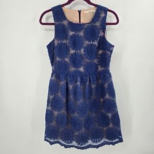 Ellison Dress M Blue Sunflower Floral Lace Fit & Flare Anthropologie Style VGUC